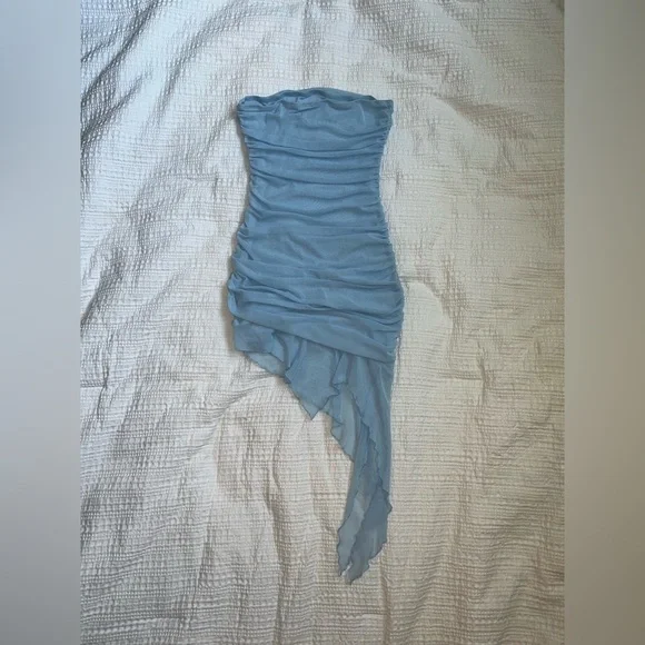 Commsense Strapless Rooched Tendril Baby Blue Mini Dress Sheer Size Medium - Picture 3 of 8